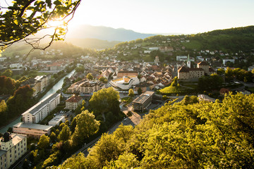 Feldkirch bei Sonnenuntergang - obrazy, fototapety, plakaty