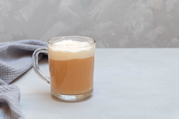 Glass cup of Cheese Tea. Black tea with whipped cream cheese topping, copy space