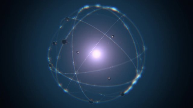 seamlessly looping blue atom concept animation shining glowing proton neutron nucleus, visualization of atom space physics of centric gravity as classic idea of electrons orbiting as ordered particles