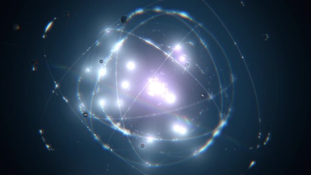 seamlessly looping blue atom concept animation shining glowing proton neutron nucleus, visualization of atom space physics of centric gravity as classic idea of electrons orbiting as ordered particles