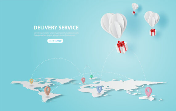 Holiday of Balloons gift fly on air.Delivery service concept.Creative map world location network paper cut and craft style.Graphic Online transport background.Minimal blue pastel.Vector illustration