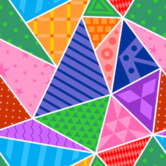 Bright seamless patchwork with abstract triangle patterns. Vector design.