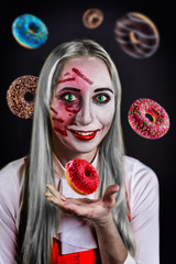 gray haired witch with green eyes on a black background for Halloween