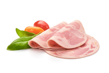 Sliced boiled ham sausage, isolated on white background