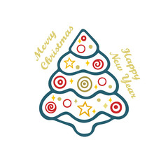 Christmas tree.  Hand drawn Christmas tree vector illustration. Merry Christmas and Happy New Year hand lettering. Holiday greeting design template. Part of set.