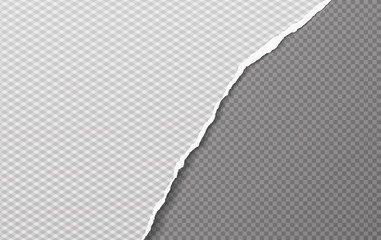 Torn, ripped piece of white and dark grey squared paper with soft shadow. Background for text. Vector illustration
