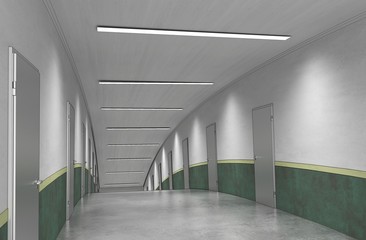 long corridor with doors, interior visualization, 3D illustration