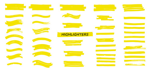 Yellow Highlighters Marker Strokes. Vector brushes lines. Marker color stroke. Yellow watercolor hand drawn highlight set. Brush pen underline lines.  Vector collection