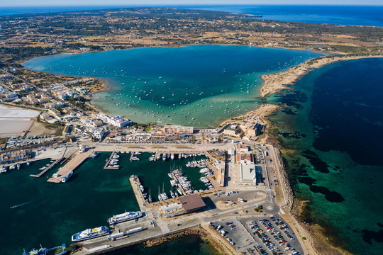 Beautiful Turquoise Bay At Formentera, Aerial View.