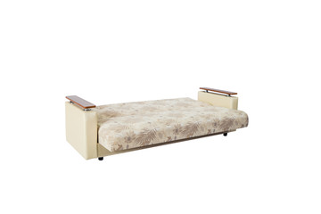 Beige soft sofa with wooden armrests, folding function