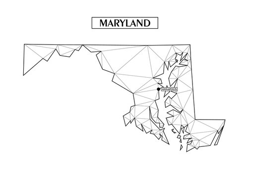 Polygonal Abstract Map State Of Maryland With Connected Triangular Shapes Formed From Lines. Capital Of State - Annapolis. Good Poster For Wall In Your Home. Decoration For Room Walls.