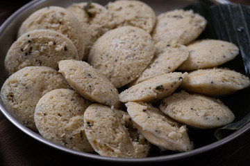 Traditional South Indian Breakfast: Kanchipuram idlis (steamed rice cakes), chutneys and dal