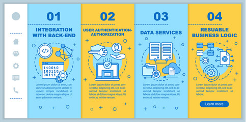 Integration with back-end onboarding mobile web pages vector template. Responsive smartphone website interface idea with linear illustrations. Webpage walkthrough step screens. Color concept