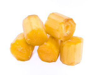 Studio shot five peeled sugar cane sticks isolated on white