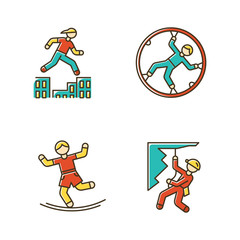 Extreme sports color icons set. Parkour, traversing obstacles. Zorbing, globe-riding. Slacklining, balance training. Abseiling, rappelling. Alpinism, mountaineering. Isolated vector illustrations