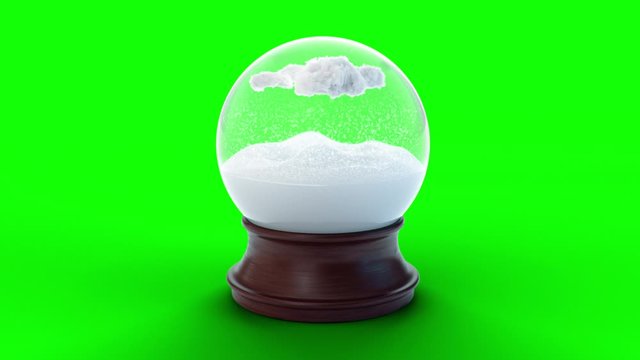 Snow globe with clouds from which snow is falling, against a green screen with alpha channel. Falling snowflakes inside from the clouds. Winter holidays concept: xmas New Year. Loop 4k 3d animation