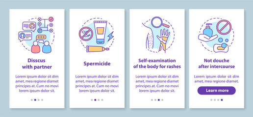 Fototapeta na wymiar Safe sex onboarding mobile app page screen with linear concepts. Self-examination of body for rashes. Four walkthrough steps graphic instructions. UX, UI, GUI vector template with illustrations