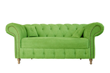 Green soft sofa on wooden legs. Upholstered furniture for the living room. Light green sofa isolated
