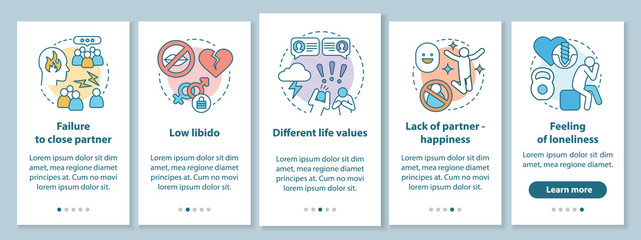 Relationship in trouble onboarding mobile app page screen with linear concepts. Failure to close partner walkthrough steps graphic instructions. UX, UI, GUI vector template with illustrations