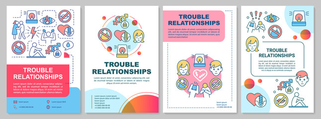 Fototapeta na wymiar Trouble relationships brochure template. Flyer, booklet, leaflet print, cover design with linear illustrations. Vector page layouts for magazines, annual reports, advertising posters