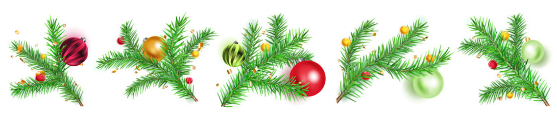 Set of Christmas tree branches with balls and pieces of serpentine on white background