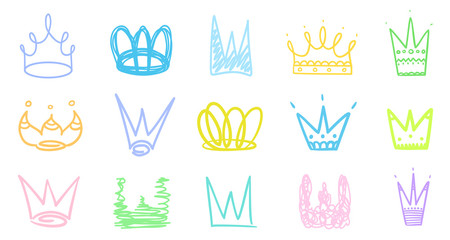 Fototapeta na wymiar Colorful crowns on white. Hand drawn simple objects. Line art. Outline elements for your design