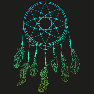 Dreamcatcher on isolated black. Hand drawn mystic symbol. Design for spiritual relaxation for adults. Line art creation