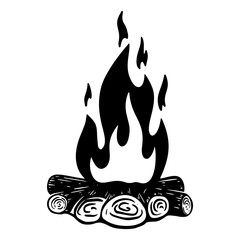 Illustration of camp fire on white background. Design element for menu, poster, emblem, sign, banner, flyer.