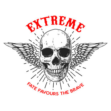 Extreme. Poster template with winged human skull. Design element for poster, logo, label, sign, badge.