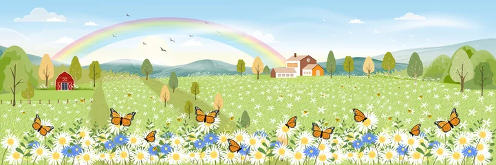 Küchenrückwand glas motiv Cartoon-Panorama-Landschaft von Frühlingsfeld und Wildblumen mit Schmetterlingsfliegen, schöne Karte mit Regenbogen, Sonne, Wolken und Honigbiene, die Pollen auf Blumen am sonnigen Tag sammelt, Sommerhintergrund © Anchalee