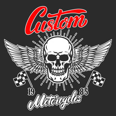 Custom motorcycles .Poster template with winged skull. Design element for poster, flyer, card, banner.
