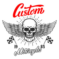 Custom motorcycles .Poster template with winged skull. Design element for poster, flyer, card, banner.