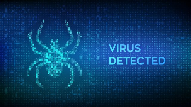 Virus hazard sign. Virus detected. Computer bug made with binary code. Hacked. Digital binary data and streaming digital code background. Concept of cyber crime, internet piracy and hacking. Vector.