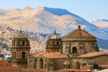 Bell tower of the  Church of the Society of Jesus  in front of the main square of Cusco - Peru