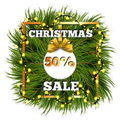 Christmas sale off template with fir tree and decorations. Winter Festive holiday template. Seasonal advertising for banner, poster