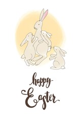 Rabbits family. Easter card, poster template on white background