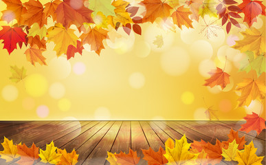 Naklejka na ściany i meble Autumn Nature Background with Colorful Leaves and Wooden Floor. Vector illustration