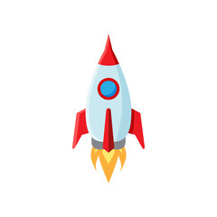 Rocket launch in a flat style isolated on white background. Business product concept. Project start up and innovation product. Vector illustration.