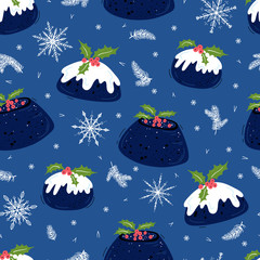 Seamless Vector Pattern of Christmas Pudding with Holly Leaves and Berries, Christmas Tree Branches, Snowflakes. Winter Holiday Background with Traditional Food Plum Pudding. Xmas, New Year