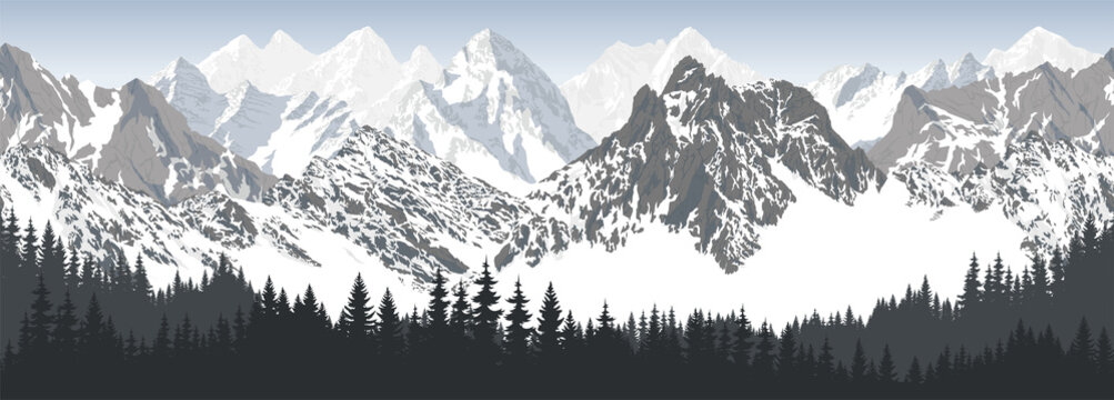 vector seamless mountains with woodland karakoram himalayan panorama background