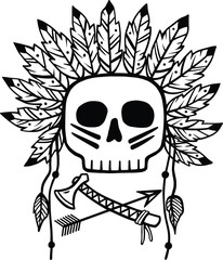 Vector Skull Chief illustration. Native American, Indian warrior with arrow and tomahawk abstract image. Isolated black and white object. Icon, symbol, tattoo, tribal art, t-shirt print, template.