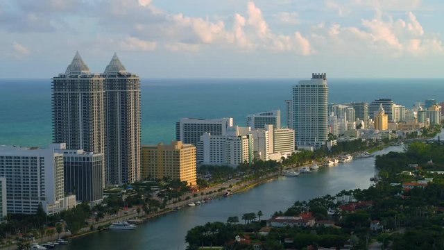 Aerial video Eden Roc Hotel Miami Beach with surrounding condominium buildings