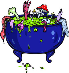 Vector cartoon illustration of magic potion pot (cauldron) isolated on white. Witch craft Halloween picture. Sticker, t-shirt design, tattoo art, holiday decoration. Colorful image.  