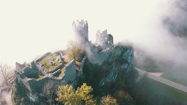 Castle ruin new Frankenstein with fog, switzerland