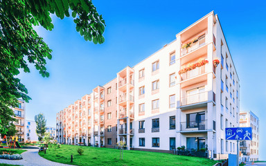 Modern residential apartment and flat buildings exterior and outdoor facilities