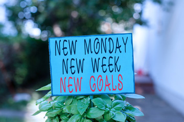 Text sign showing New Monday New Week New Goals. Business photo text showcasing next week resolutions To do list Plain empty paper attached to a stick and placed in the green leafy plants