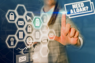 Conceptual hand writing showing Need A Loan Question. Concept meaning asking he need money expected paid back with interest Woman wear formal work suit present using smart latest device