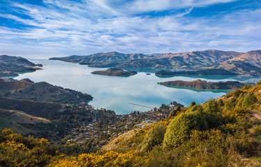 Scenic view of Lyttleton Harbour on Banks Peninsula, New Zealand