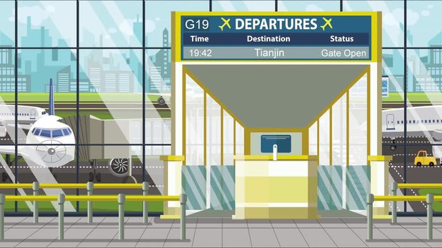 Airport gate. Departure board with Tianjin text. Travel to China related loopable cartoon animation