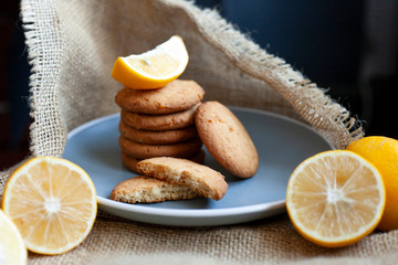 lemon cookies made at home, citrus baking deliciously lies on a table in a fabric, a recipe for fruit baking